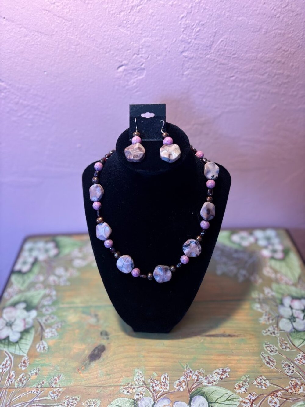 Multi Gemstone Necklace and Matching Earrings Jasper, Garnet, Pearl, Rhodonite